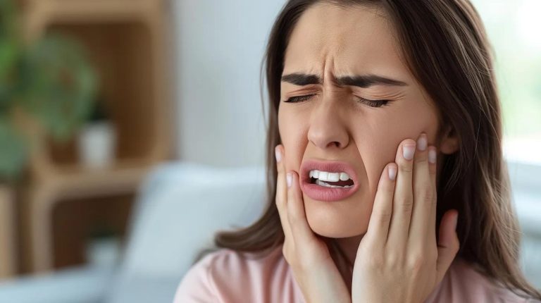 woman holding mouth from toothache